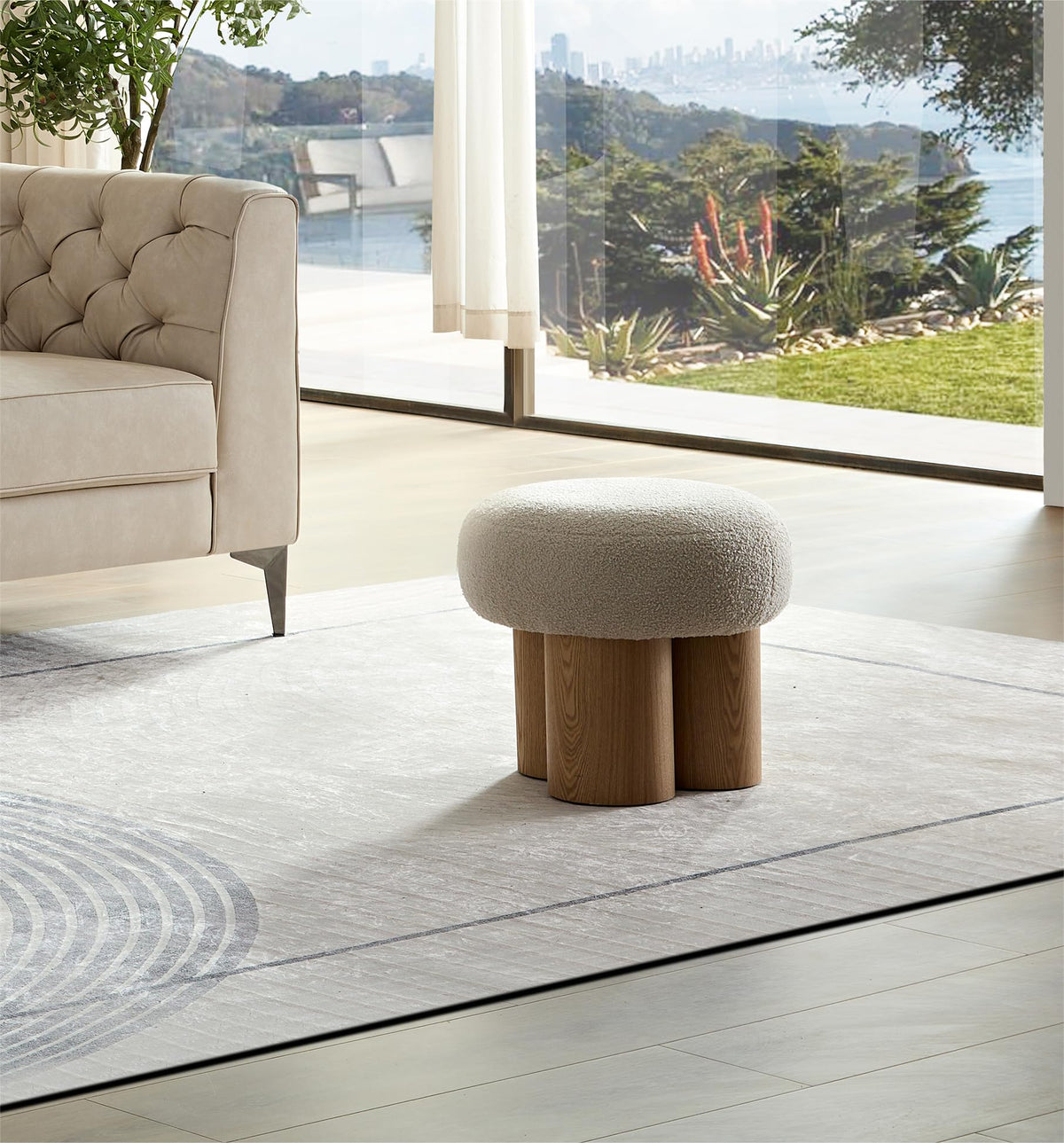 MEETAKING Small Round Foot Stool, 16.54" Teddy Footrest Ottoman Stool with Non-Skid Legs, Mushroom Footstools Step for Couch, Desk, Office, Living Room (Beige)