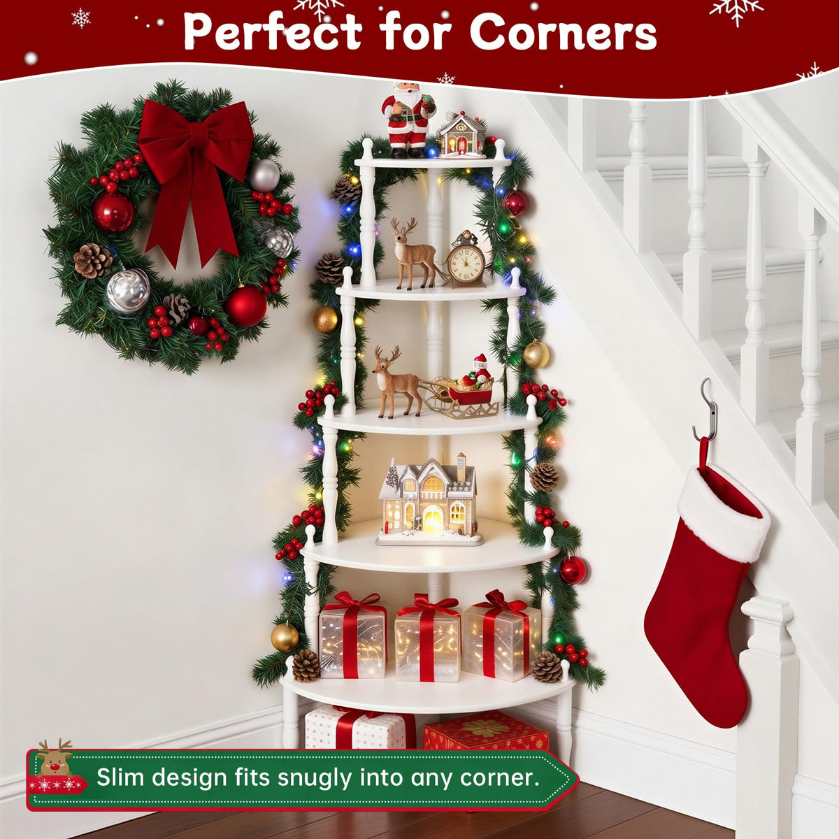 NKGIAG 5ft Christmas Village Display Stand, 5-Tier Tree Corner Shelf, White