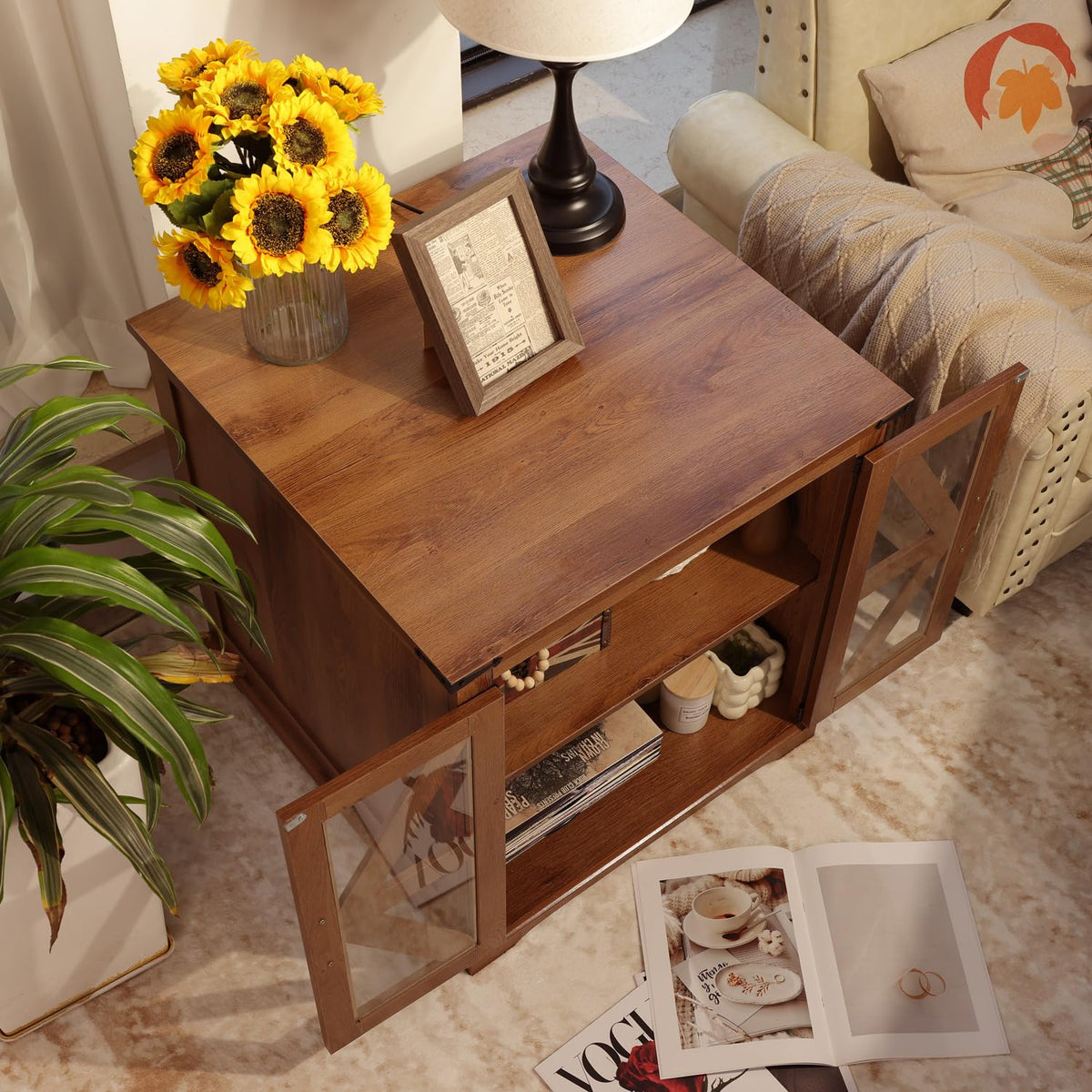 BEROXII Farmhouse End Table, 24" Large End Tables with Storage, Rustic Square Sofa Beside Table with Glass Barn Door, Wood Side Table Square Nightstand for Living Room, Bedroom, Office (Brown)