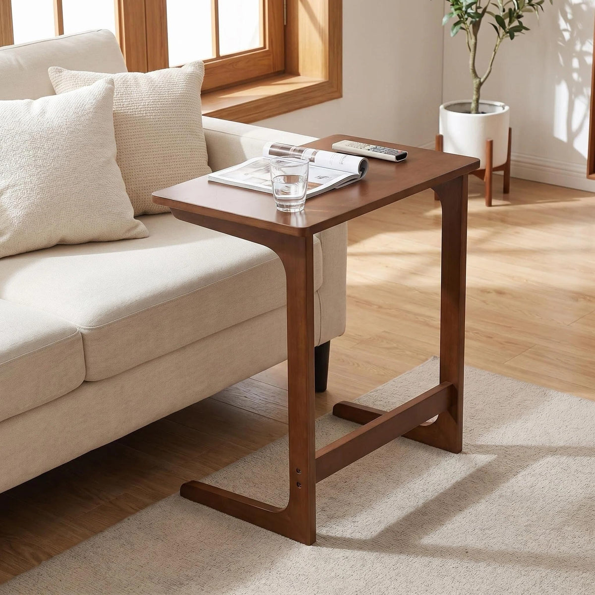 JAYULOR C-Shaped Side Table for Couch, Solid Rubberwood End Table, Walnut