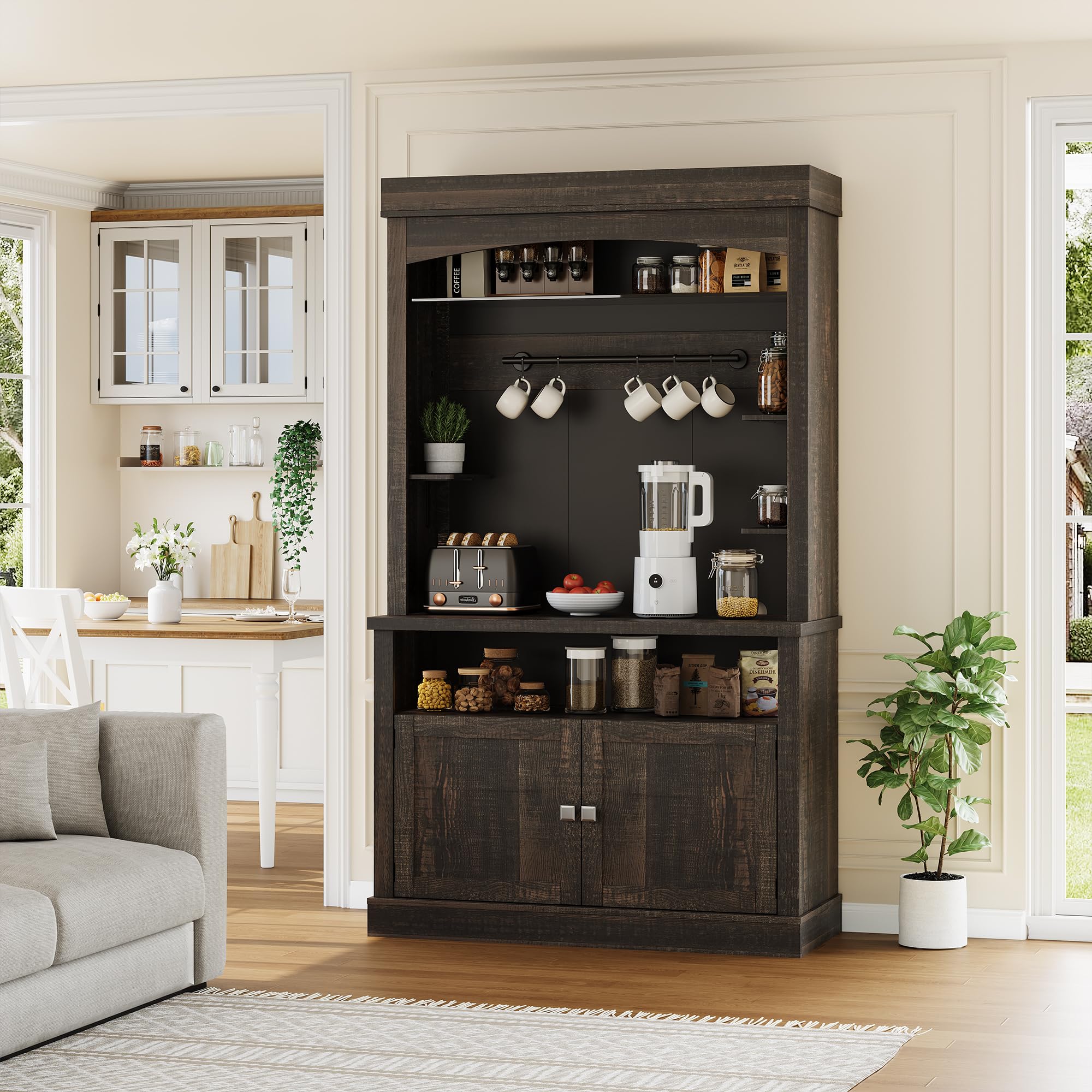 GarveeHome Coffee Bar Cabinet with LED Lights,72 '' Tall Buffet Cabinet with Storage,Farmhouse Kitchen Sideboard Tall Coffee Hutch with Microwave Stand/Wine Rack/Glass Shelf Dining Room(Oak)