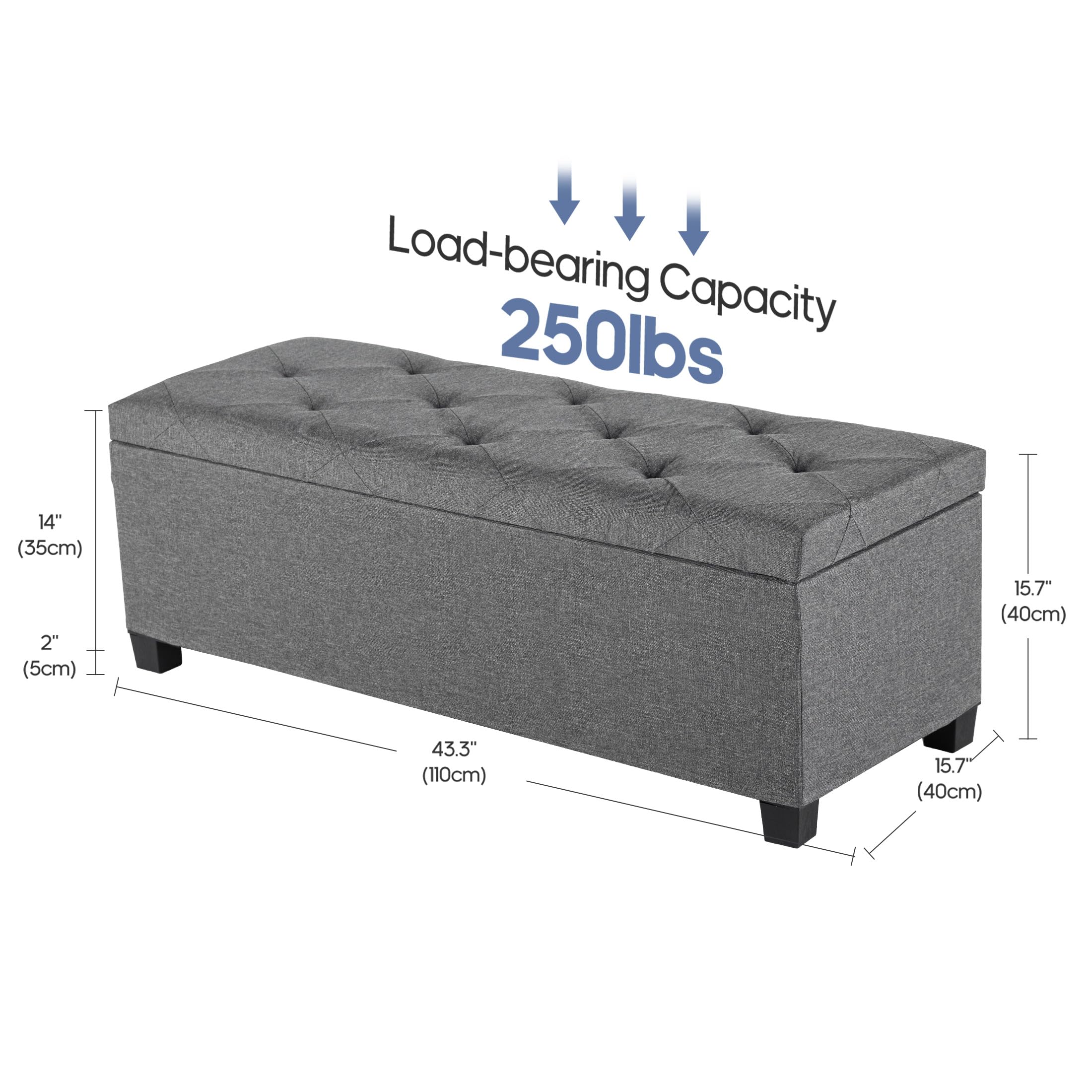DUMOS Upholstered Storage Bench, End of Bed Ottoman, Extra Large 46.5 Gal (176L) Internal Volume, Foot Stool for Bedroom, Living Room, Sturdy Storage Chest, Dark Grey, 43.3" L x 15.7" W x 15.7" H