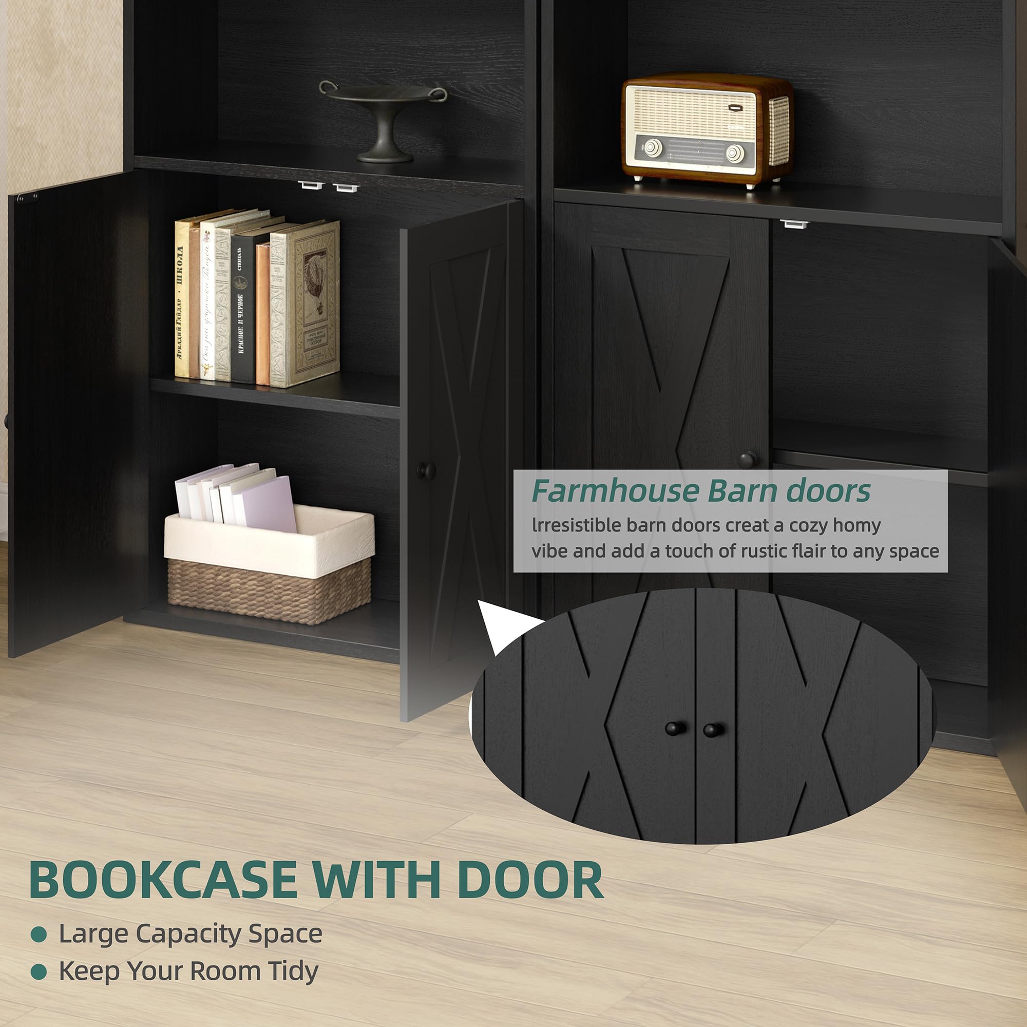 6-Tier Industrial Bookcase with Doors – 70.9" Tall Floor Standing Bookshelf
