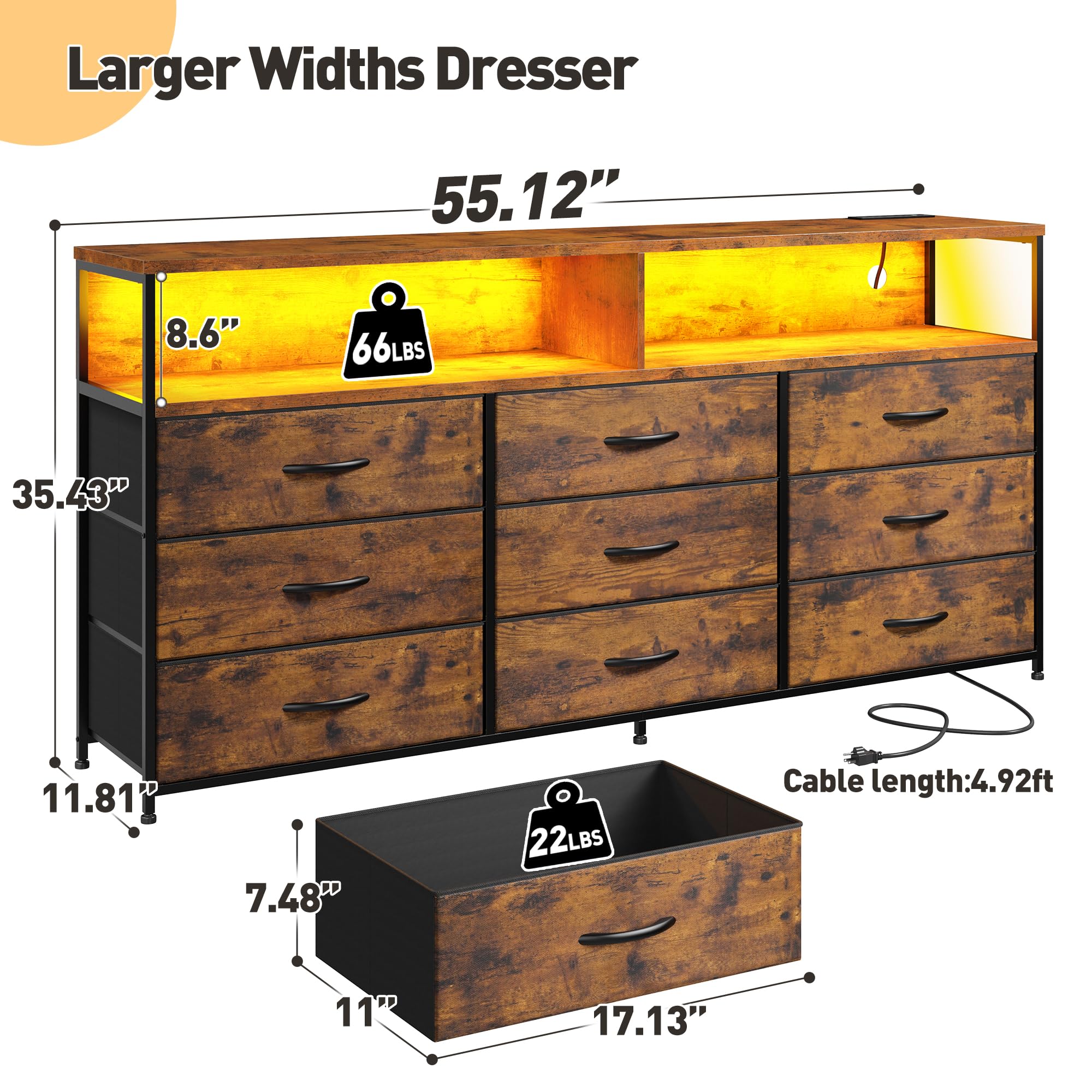 EnHomee 55" W Dresser for Bedroom with Charging Station & LED, 65/55 Inch TV Stand with 9 Fabric Drawers, Sturdy Dressers & Chest of Drawers with 2 Wood Storage Open Shelves,Entryway, Rustic Brown