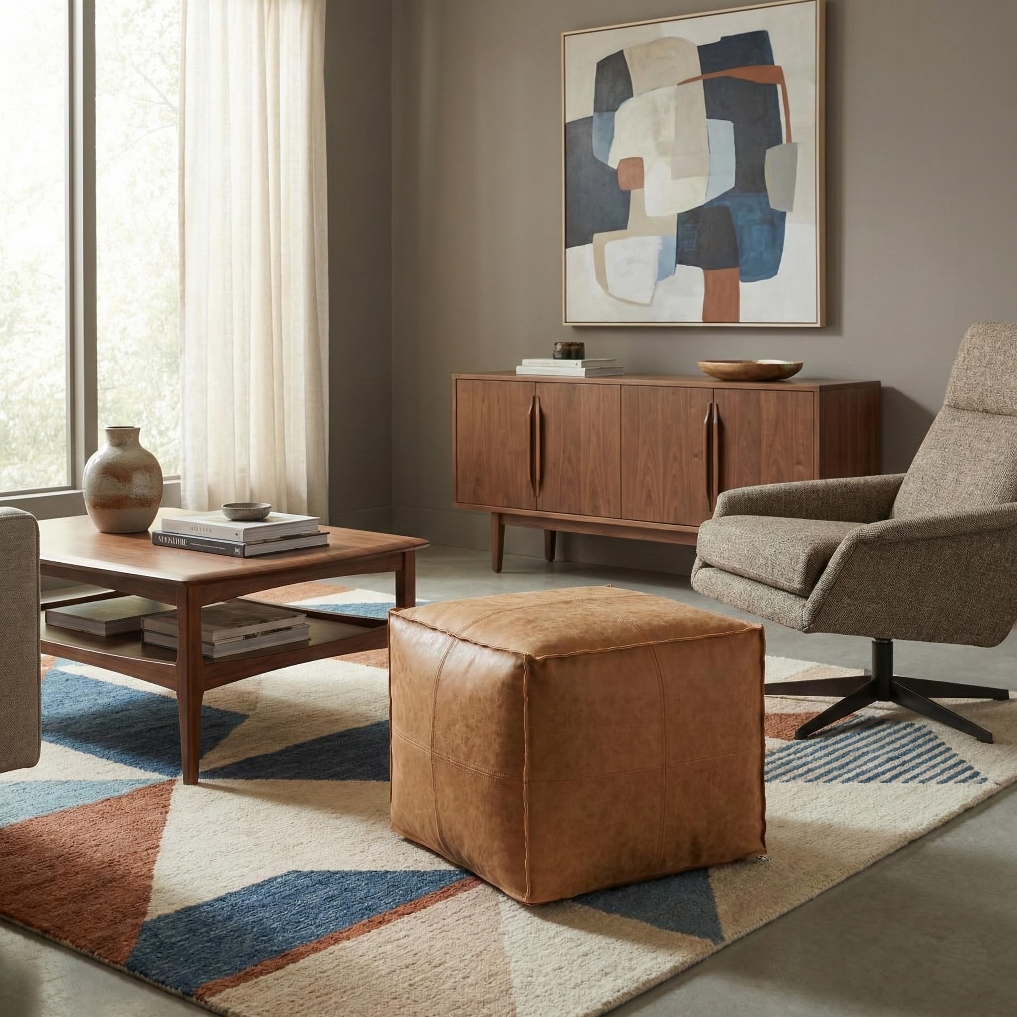 SIMPLIHOME Brody Square Pouf - 18" Wide x 14" High Upholstered Vegan Leather Ottoman in Distressed Brown, Boho Footstool, Coffee Table or Extra Seating for Living Room or Bedroom, Assembled