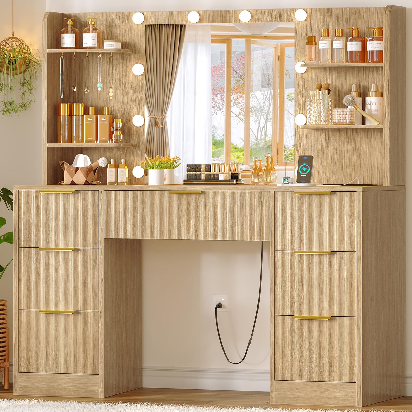 FIONESO Fluted Vanity Desk with Mirror and Adjustable LED Lights & Power Outlet, Makeup Vanity Desk with 7 Drawers,4 Shelves and 5 Hooks, Vanity for Girls, Natural Oak