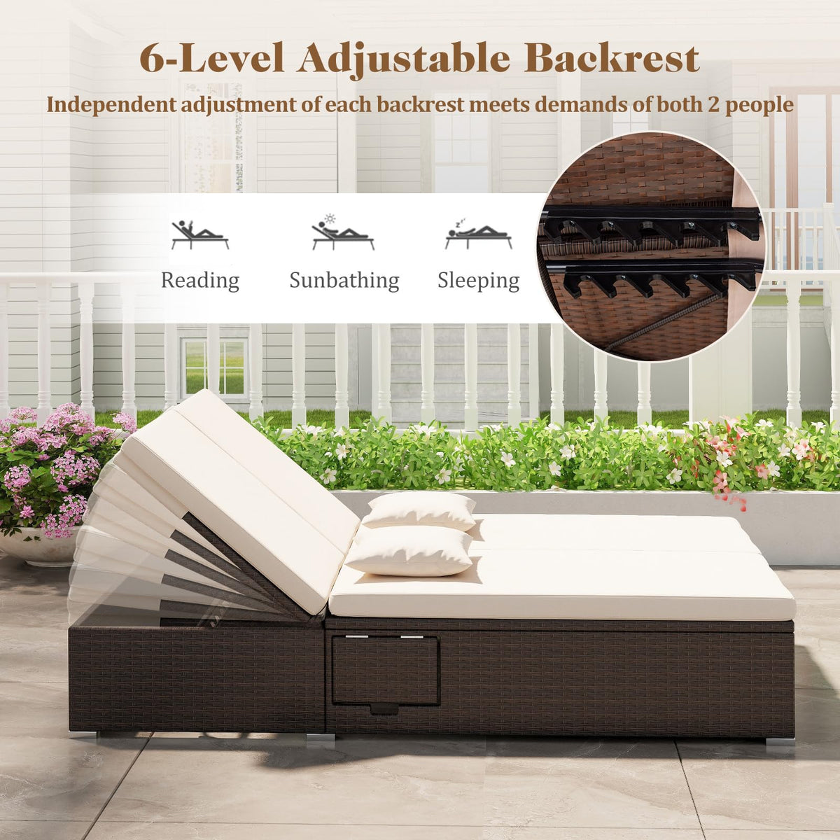 RELAX4LIFE Rattan Outdoor Patio Daybed - Wicker Double Chaise Lounge Chair w/6-Position Backrest, 2 Folding Side Trays, Cushions, Recliner Loveseat Sunbed for Backyard Pool, 2-Seater Patio Bed Lounger