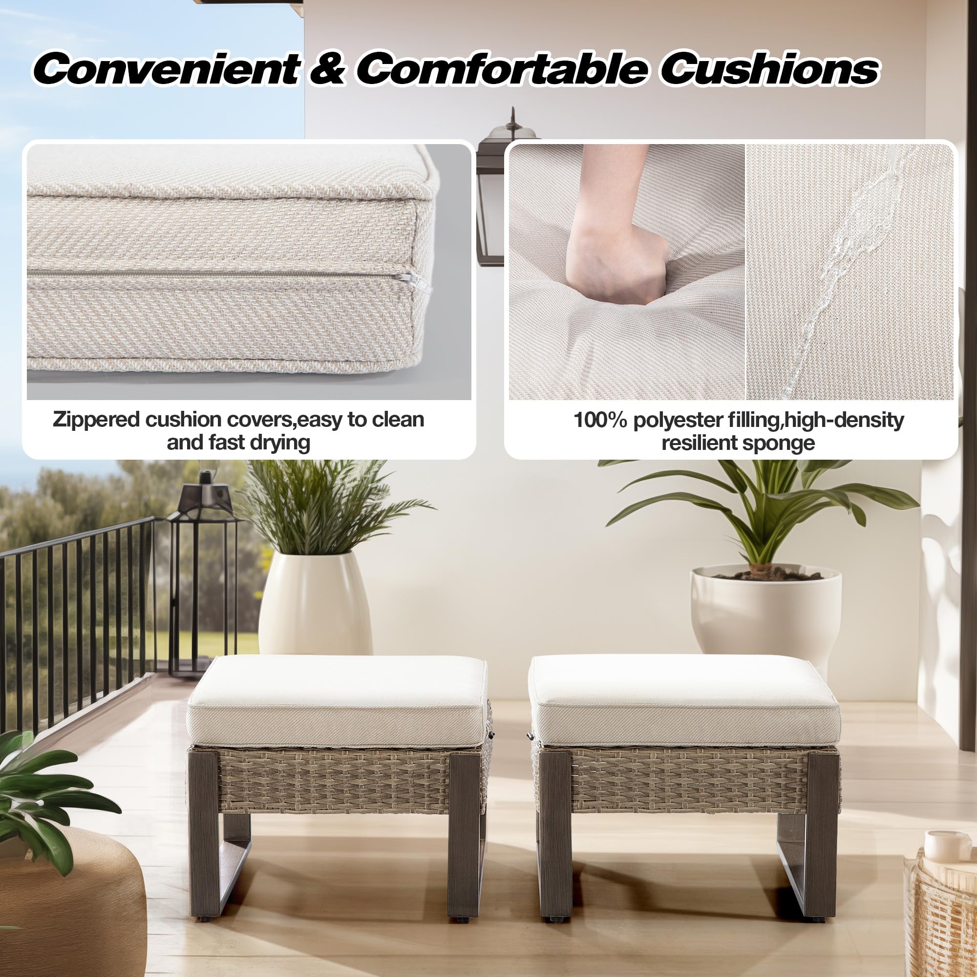 PE Rattan Outdoor Ottoman with Cushion – Beige