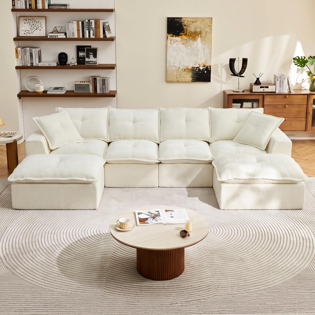 124" Cloud Couch Modular Sectional Sofa for Living Room, U-Shape Boneless Couch with Deep Seat, Modern 6-Seater with Ottoman, for Living Room, Bedroom, Office, No Assembly Required, Beige