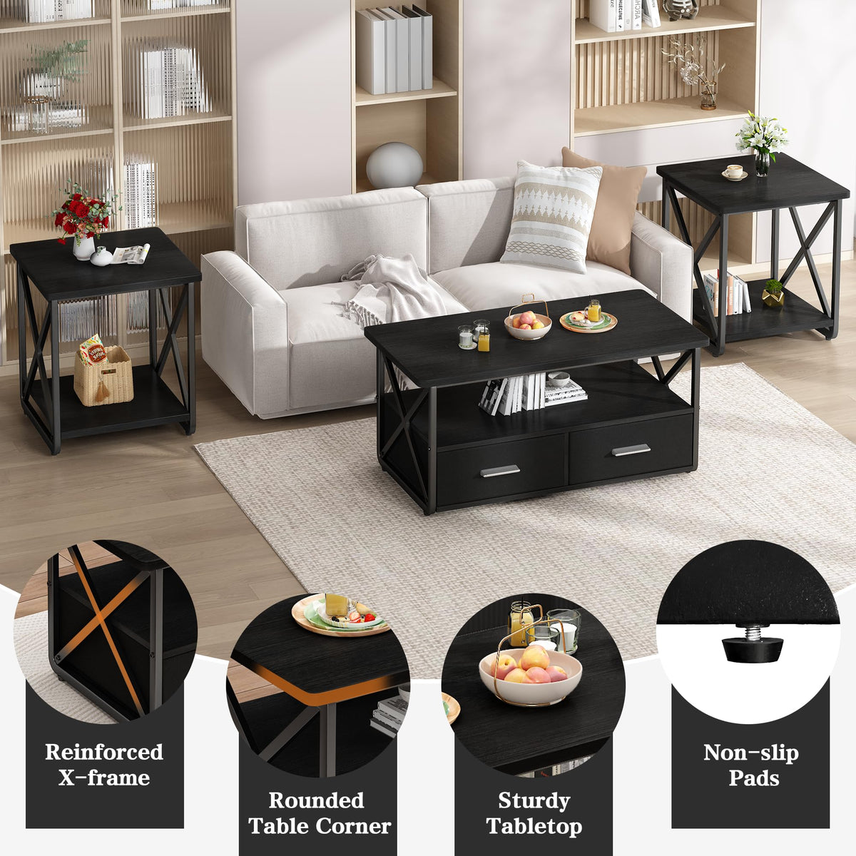 3-Piece Table Set with Fabric Drawers