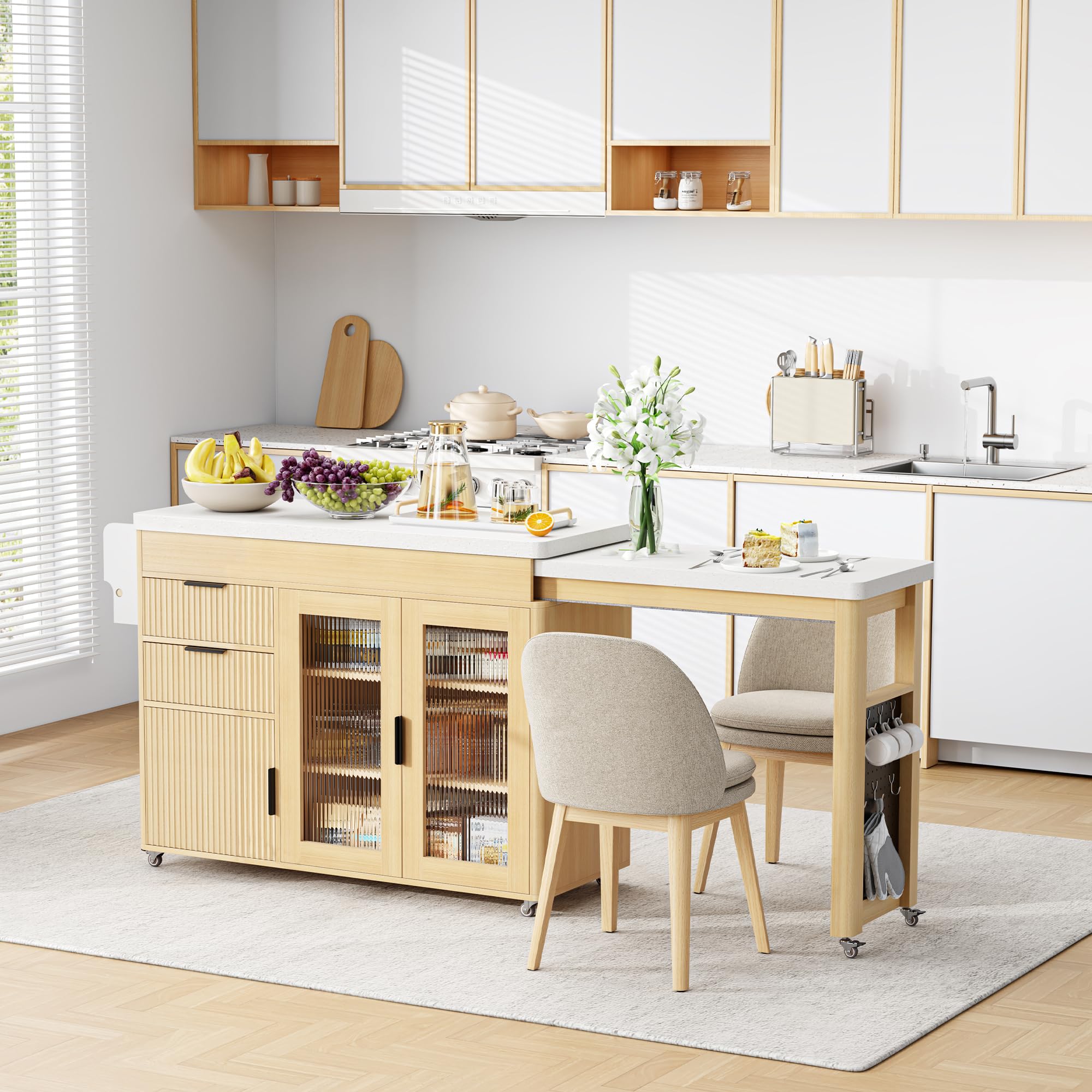 Expandable Kitchen Island with Dining Table & Storage