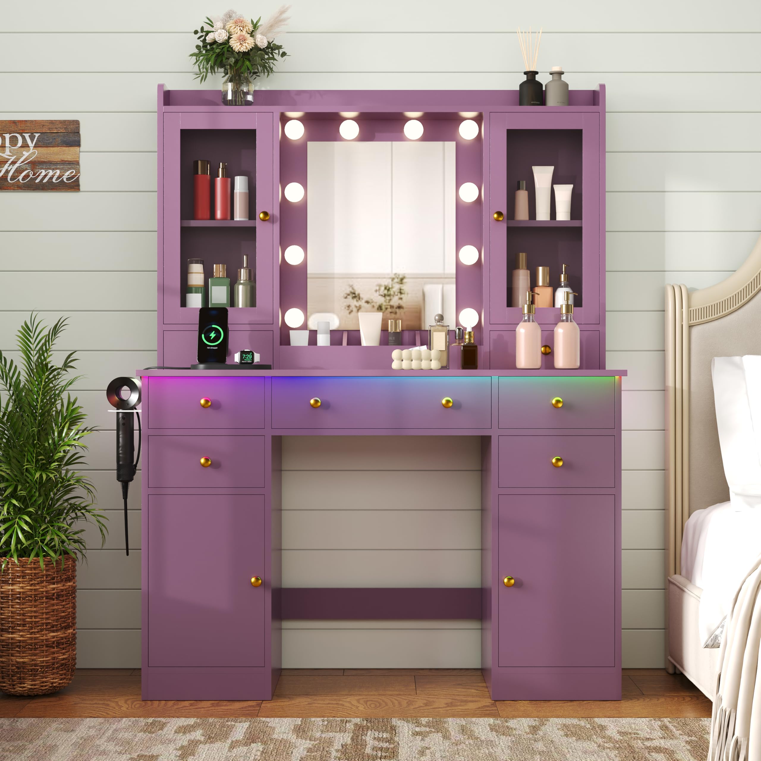 HUANLEGO Vanity Desk with Mirror and Lights, Purple Makeup Vanity Mirror with Lights & Power Outlet and 7 Drawers, 2 Cabinet, 3 Color Modes Adjustable, Dressing Table Set for Girls Women