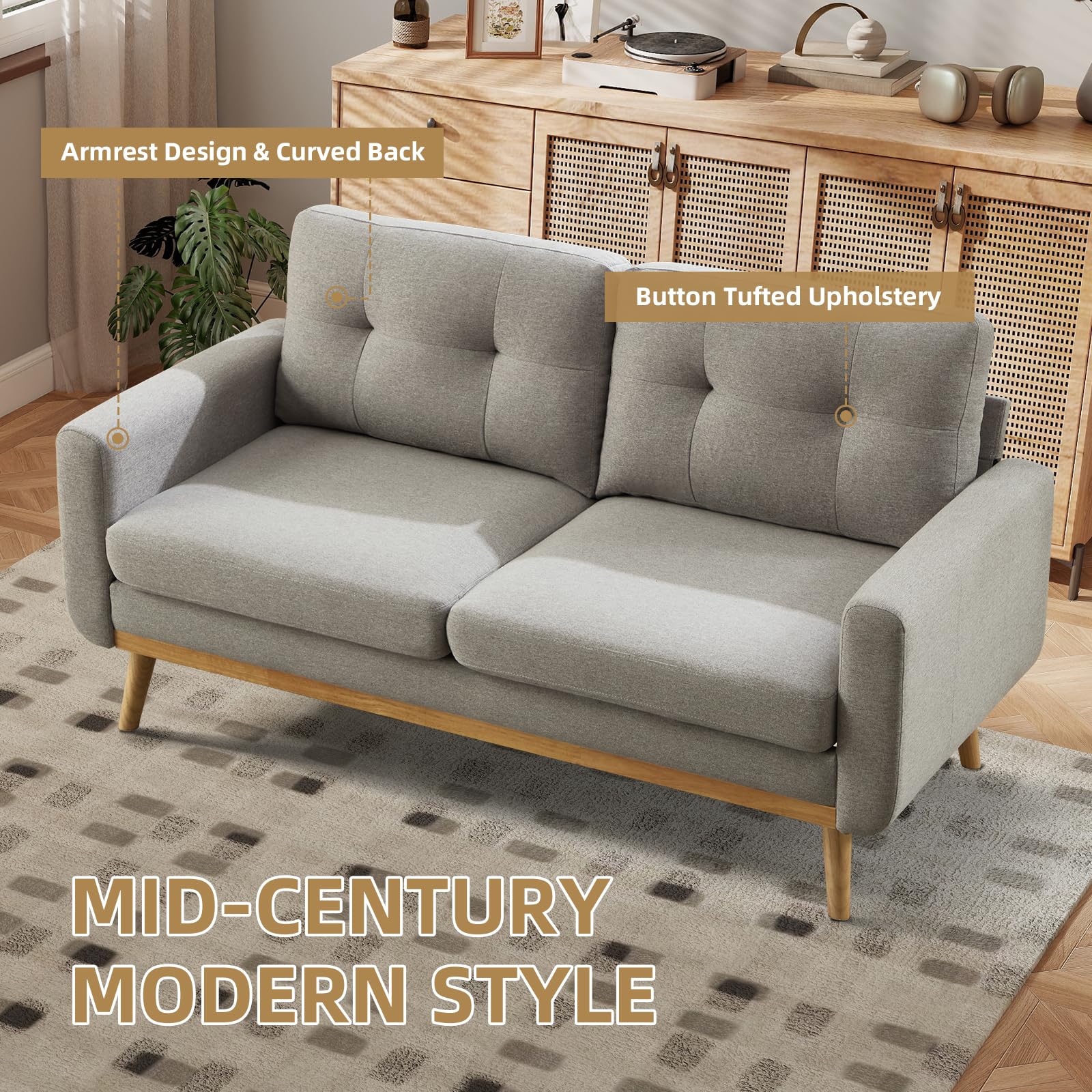 Bonzy Home 65.4" Loveseat Sofa, Small Couches for Small Spaces with 2-Seat Upholstered Cushion, Mid Century Modern Sofa for Bedroom, Living Room, Apartment, Office, Gray