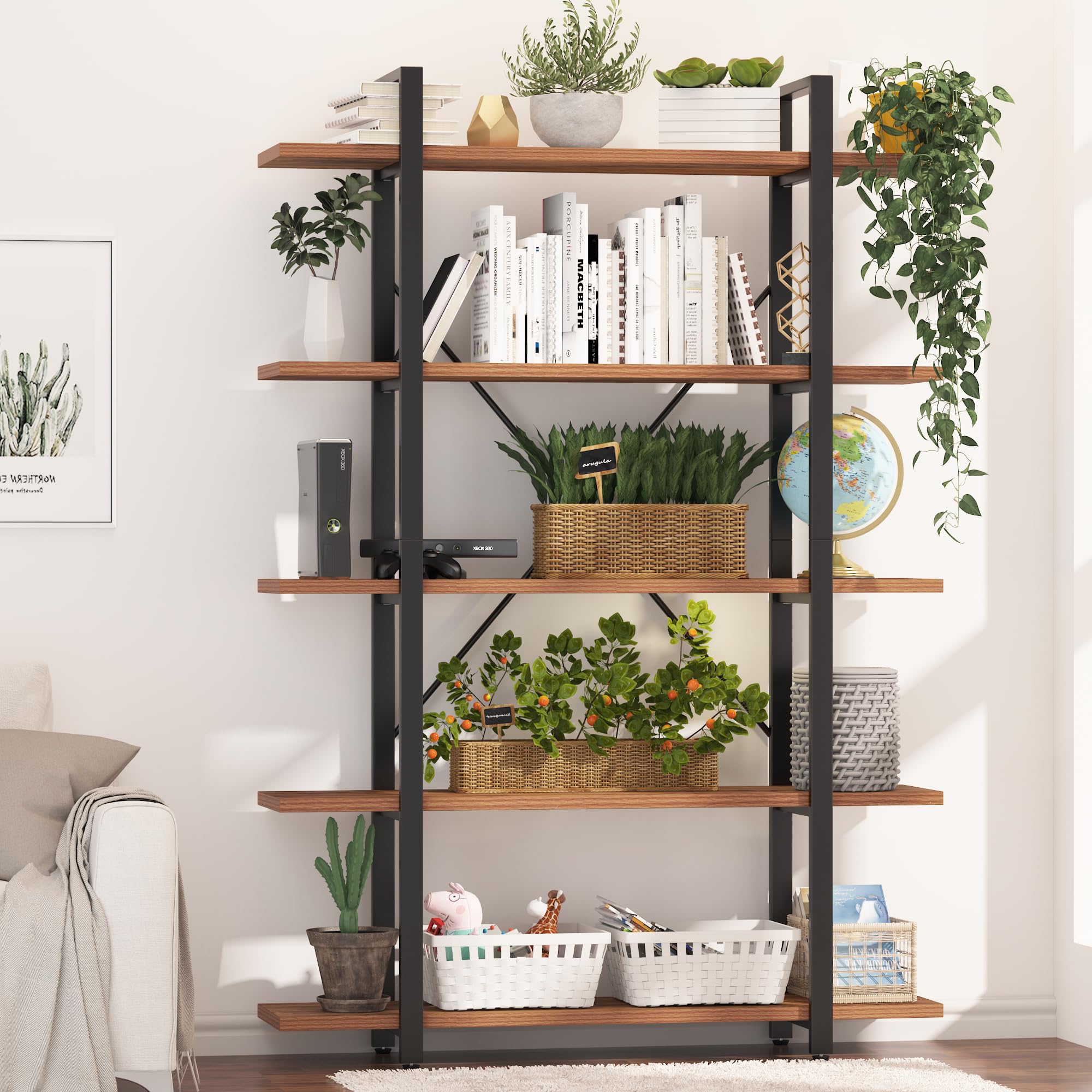 BATHWA Wood and Metal Minimalist 5 Tier Bookshelf, 6 feet Tall Open Rustic Wide Bookcase Industrial Style, Modern Wooden Big Book Shelf for Home Living Room Bedroom Office Storage, Rustic Brown