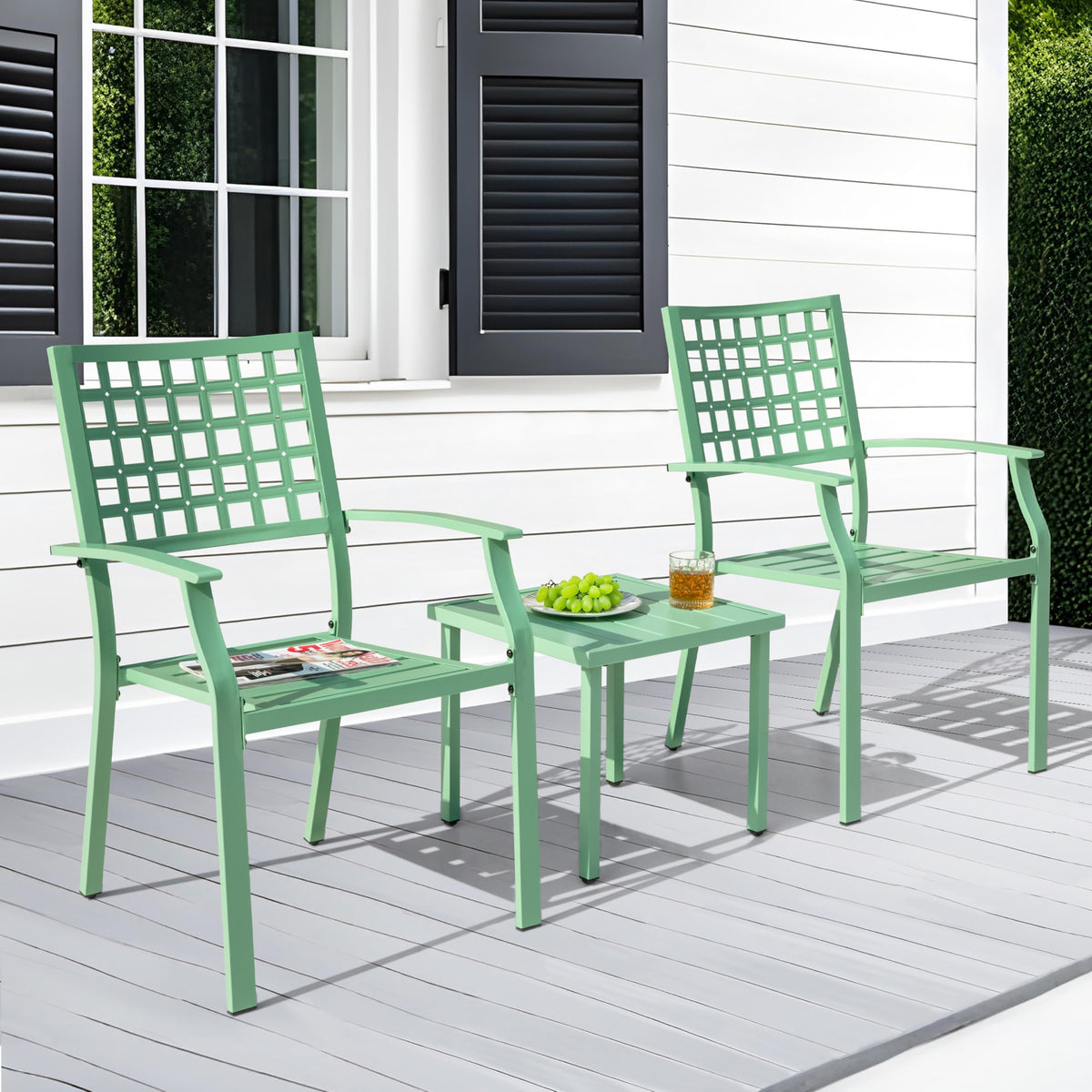 NUU GARDEN 3 Pieces Outdoor Bistro Set, All-Weather Patio Furniture with 2 Metal Stackable Chairs and Square Table, Waterproof Set for Balcony, Porch, Garden, Deck, Green