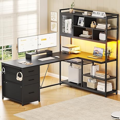 L-Shaped Desk with Bookshelf, Drawers & LED Light