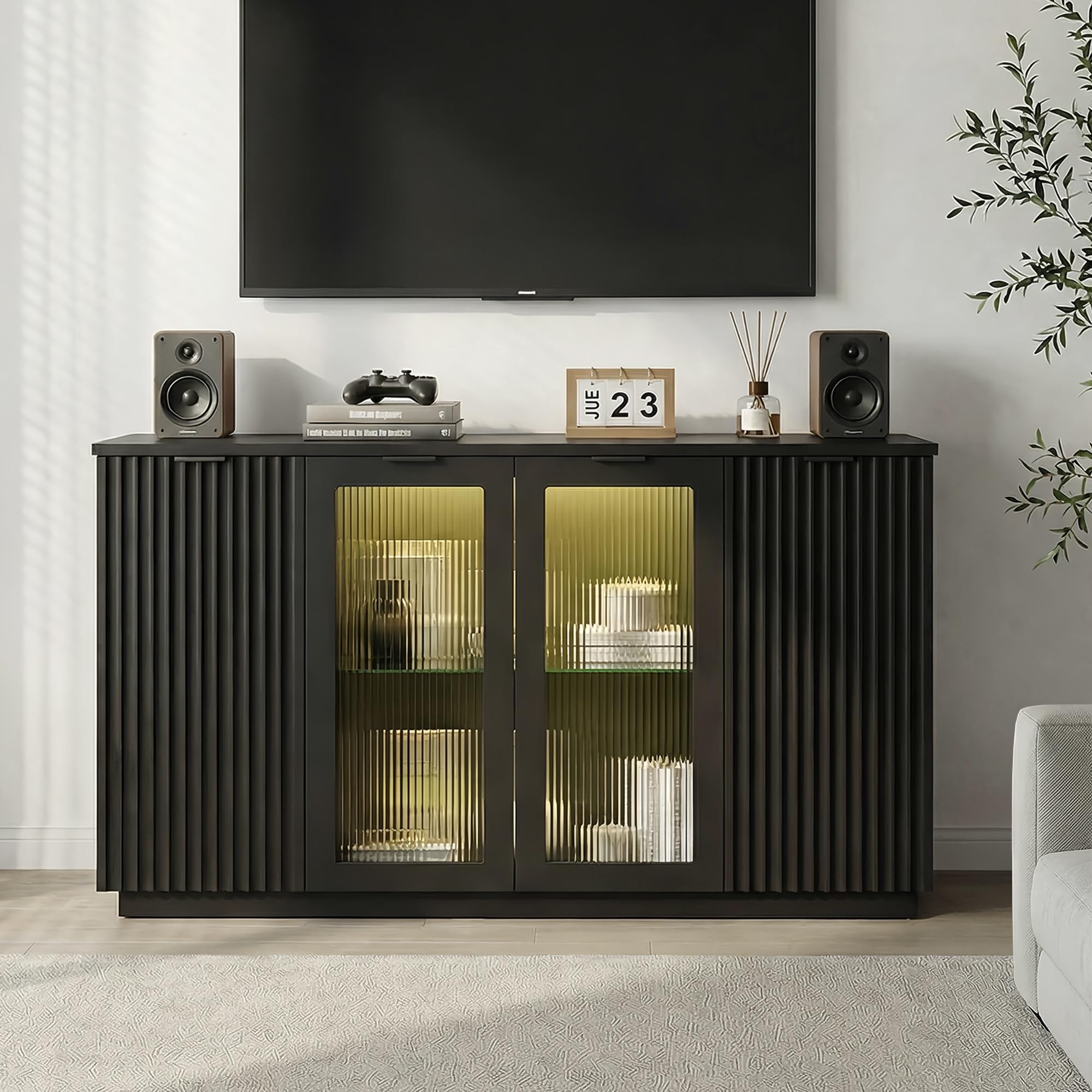 Einhomn 55" Sideboard Fluted Buffet Cabinet with Storage, Glass Doors & Led Lights, Coffee Bar Station with Adjustable Shelves, Modern Wood Cabinet for Kitchen, Living Room, Black