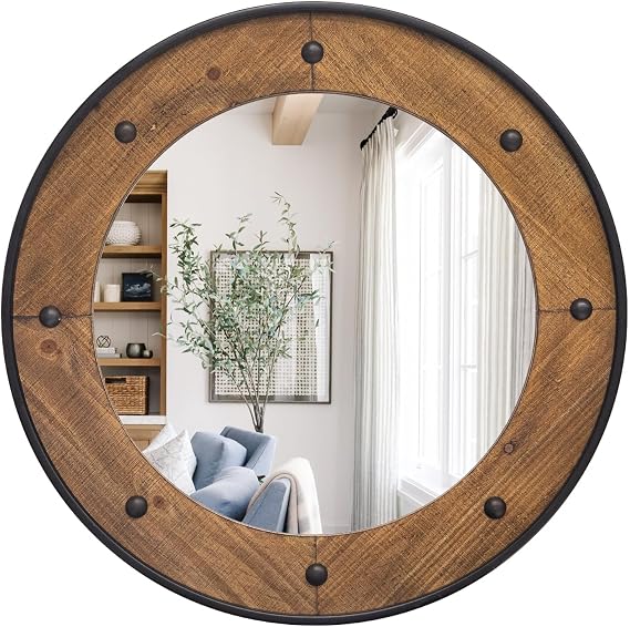Rustic Round Wood Wall Mirror