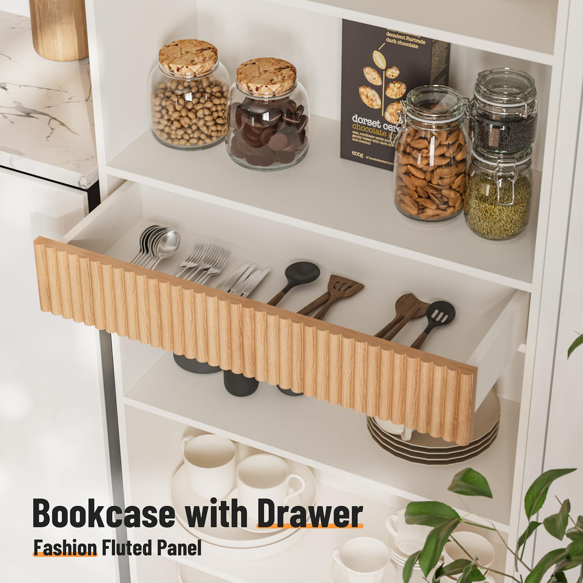 White 7-Tier Bookshelf with Drawer