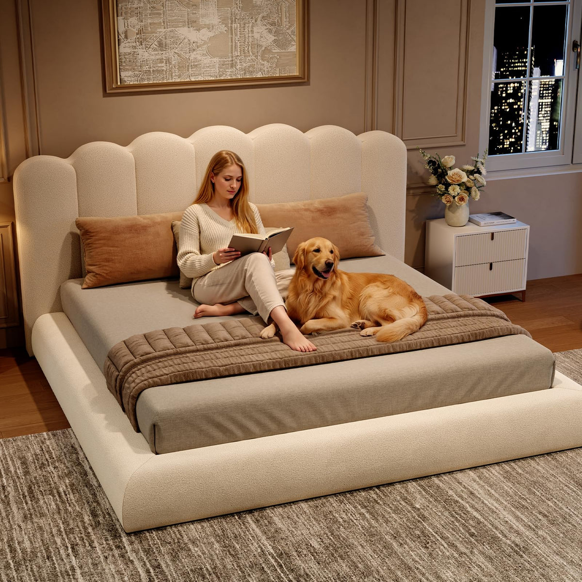 Glirun King Size Cloud Bed Frame with Wave Headboard, Upholstered Platform Bed with Velvet Finish, Sturdy Metal Slat Support, Noise-Free, No Box Spring Needed, Cream White