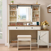 VASAGLE Farmhouse Vanity Desk with Mirror and Lights, Stool, 2 Drawers