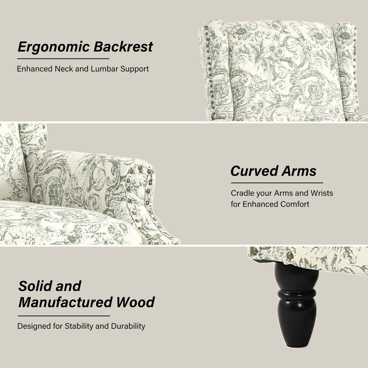 DREAMSIDEA Wingback Floral Pushback Recliner Chair, Rococo Green, Set of 1