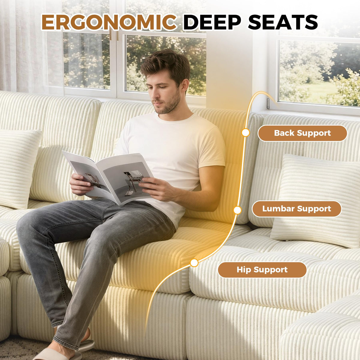 112" L Shaped Cloud Boneless Couch,Modern Modular Sectional Sofa with Layered Cushion,No Assembly Convertible Corduroy Couches for Living Room,Beige 1 PCS