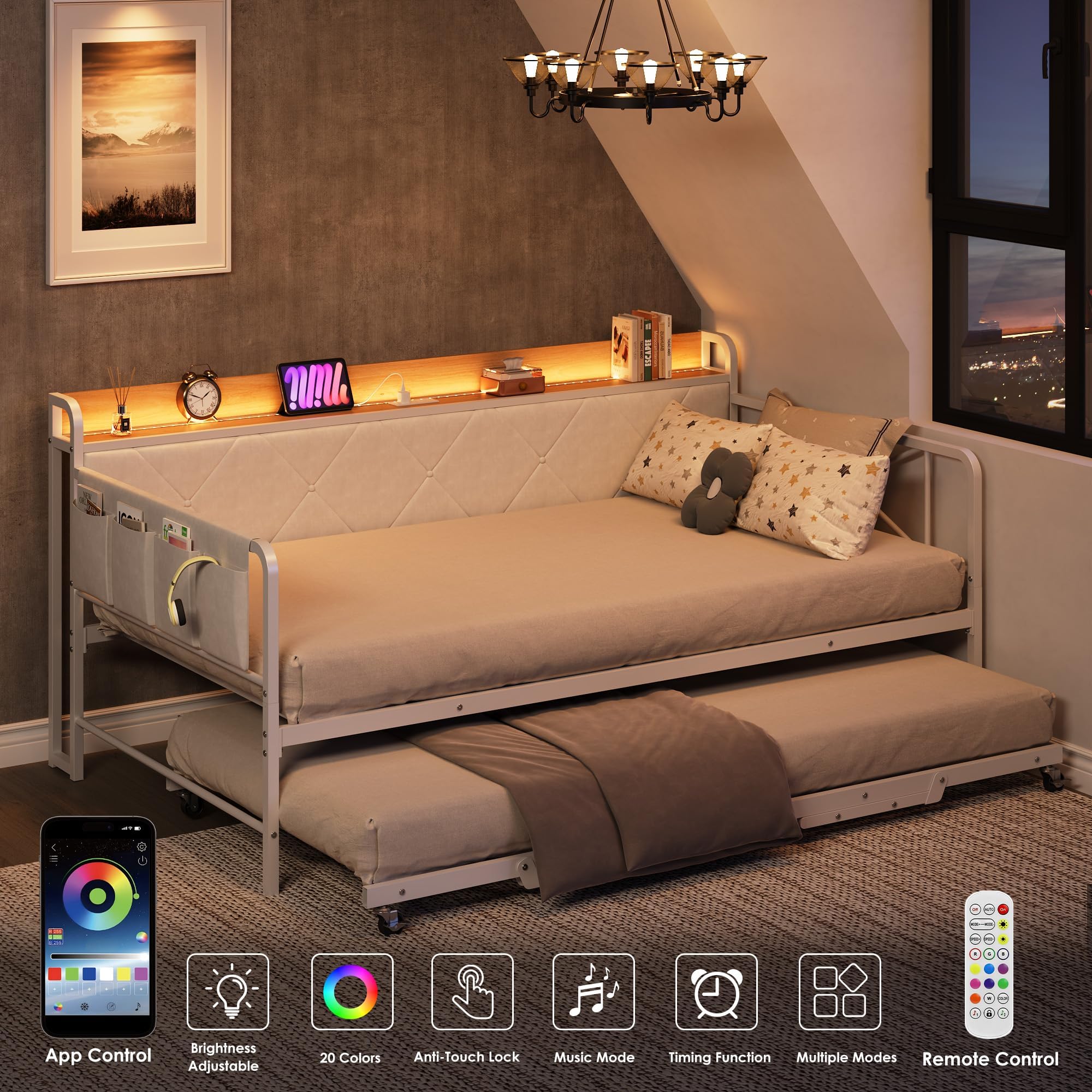 Twin Daybed with Trundle, LED Light & Charging Station