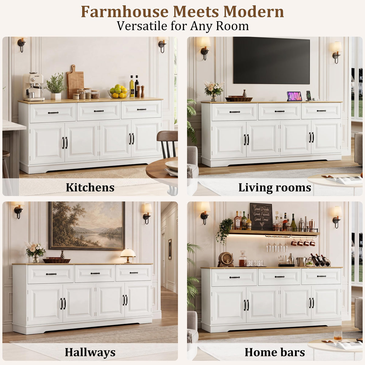 White Farmhouse Sideboard with Power Outlets