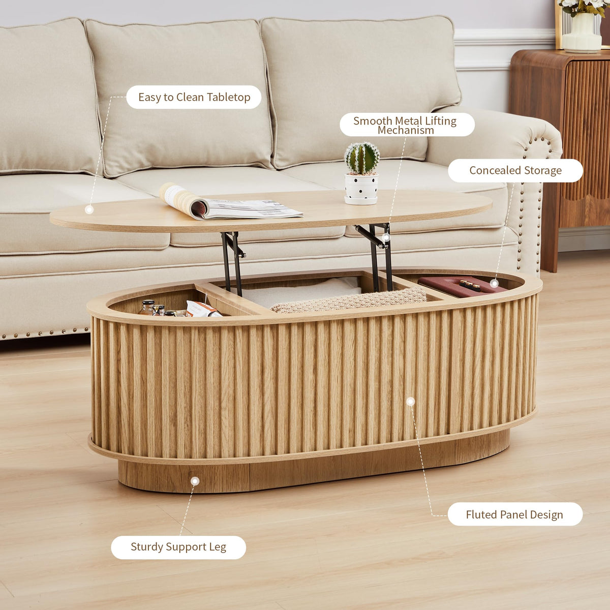 Oval Fluted Lift-Top Coffee Table