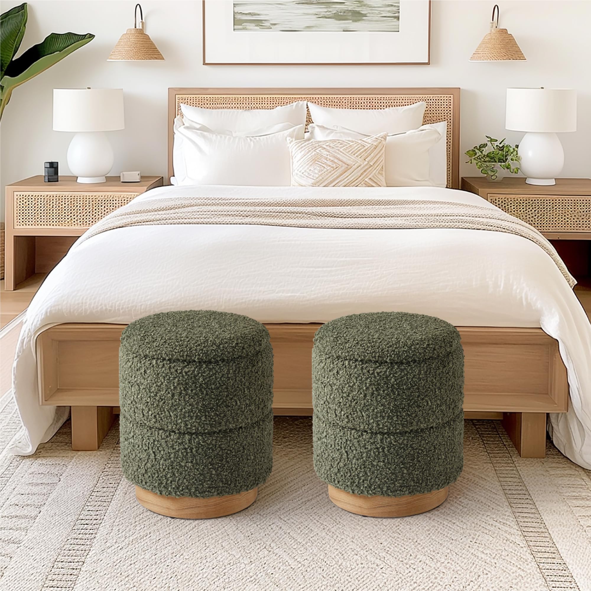 Round Storage Ottoman with Boucle Fabric