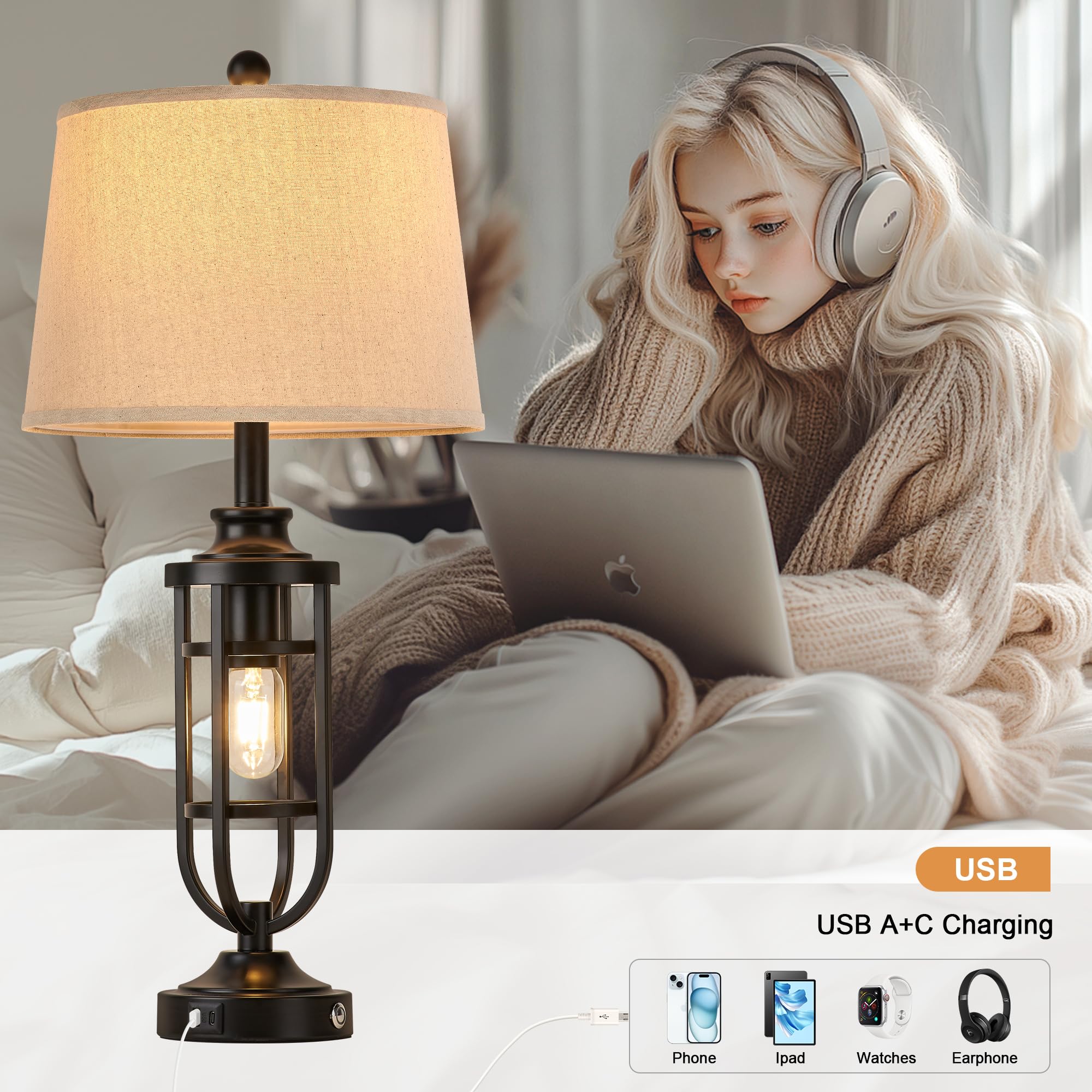 SRJJRS Black Table Lamps for Living Room Set of 2, 28" Farmhouse Lamps for Night Stands with USB A+C, Bedside Table Lamps for Bedroom, Bulbs Included