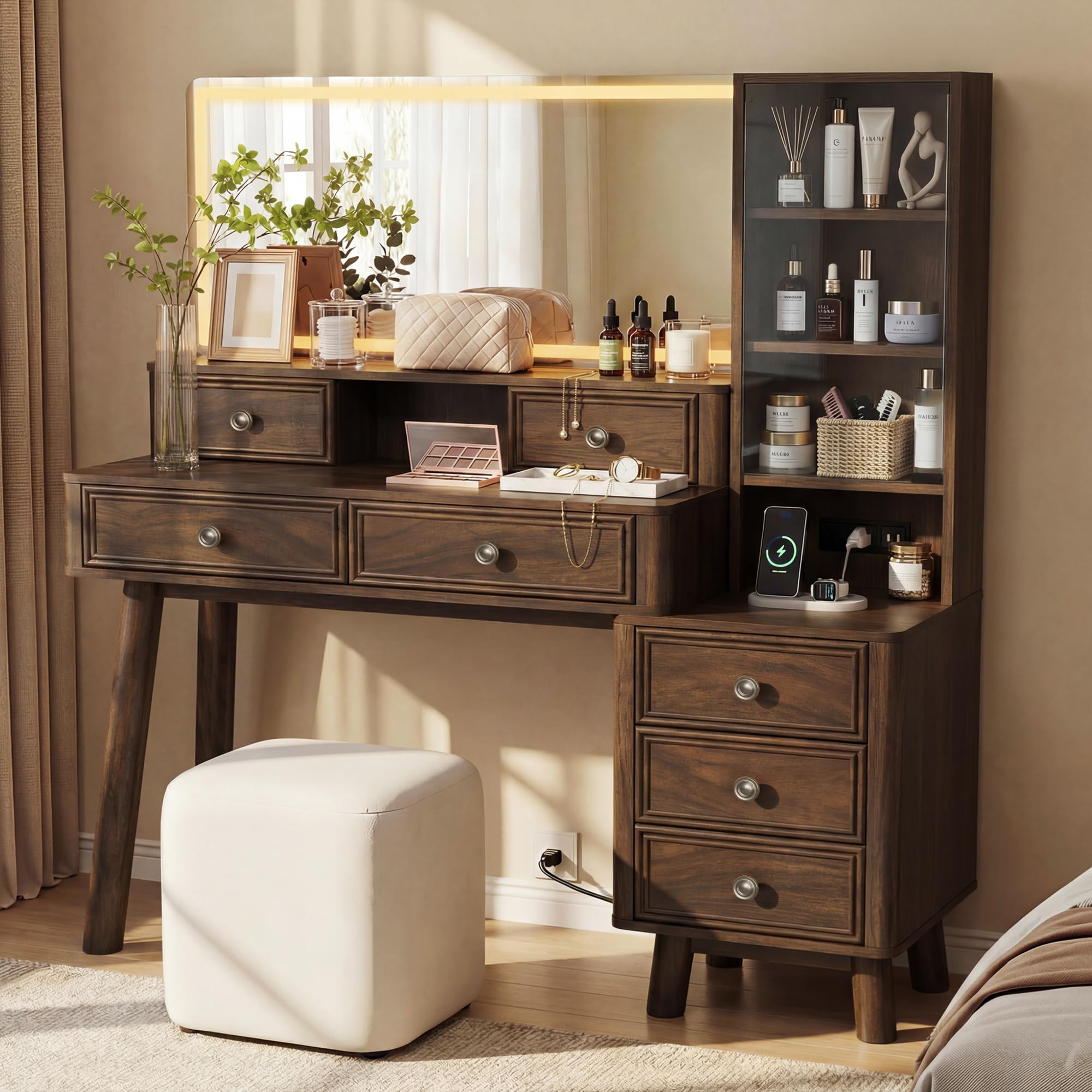 Furmax 48" Makeup Vanity Desk with Large Mirror and Lights,Big Wood Vanity Table with 5 Drawers＆Glass Storage Cabinet with Adjustable Shelves,Dressing Table with Charging Station for Bedroom (Walnut)