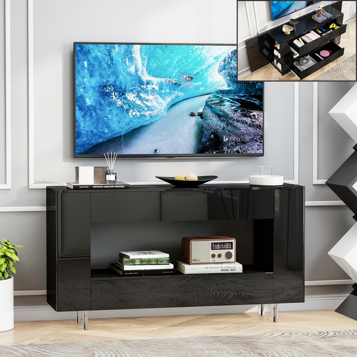47" TV Stand, High-Gloss Finish with 2 Drawers and Hidden Storage, Black