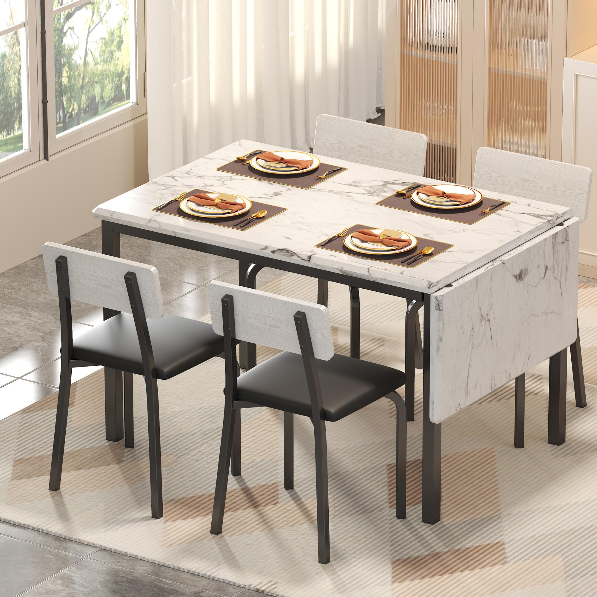 Extendable Dining Table Set with 4 Upholstered Chairs