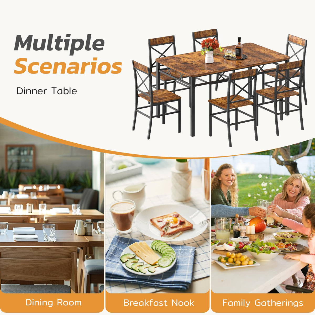 Zevemomo 7-Piece Dining Table Set, Kitchen Table Chairs Set of 6, Brown