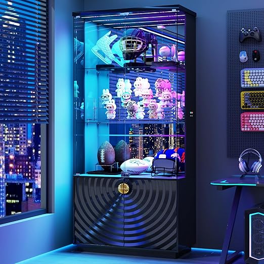 4-Tier Glass Display Cabinet with RGB LED Lights, Motion Sensor & Lockable Pop-Up Door – 70.9"