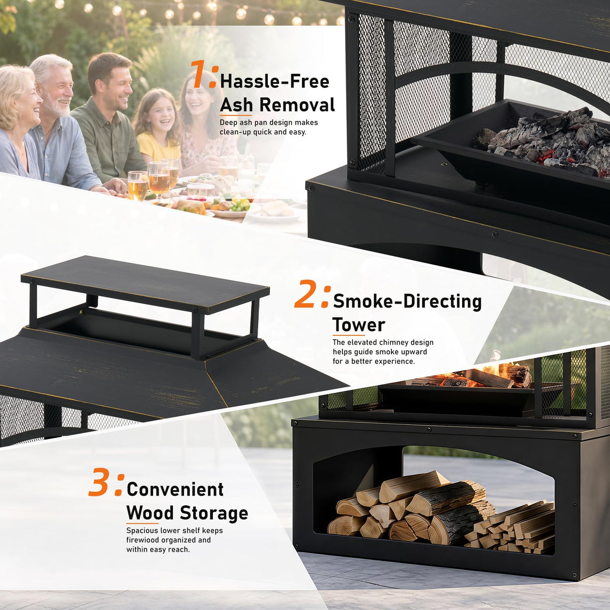 Aoxun 36" Outdoor Fire Pit with Wood Storage, Steel Wood Burning Fireplace with Mesh Spark Screen & Poker, Patio Heater with Removable Ash Pan for Backyard, Garden, Deck