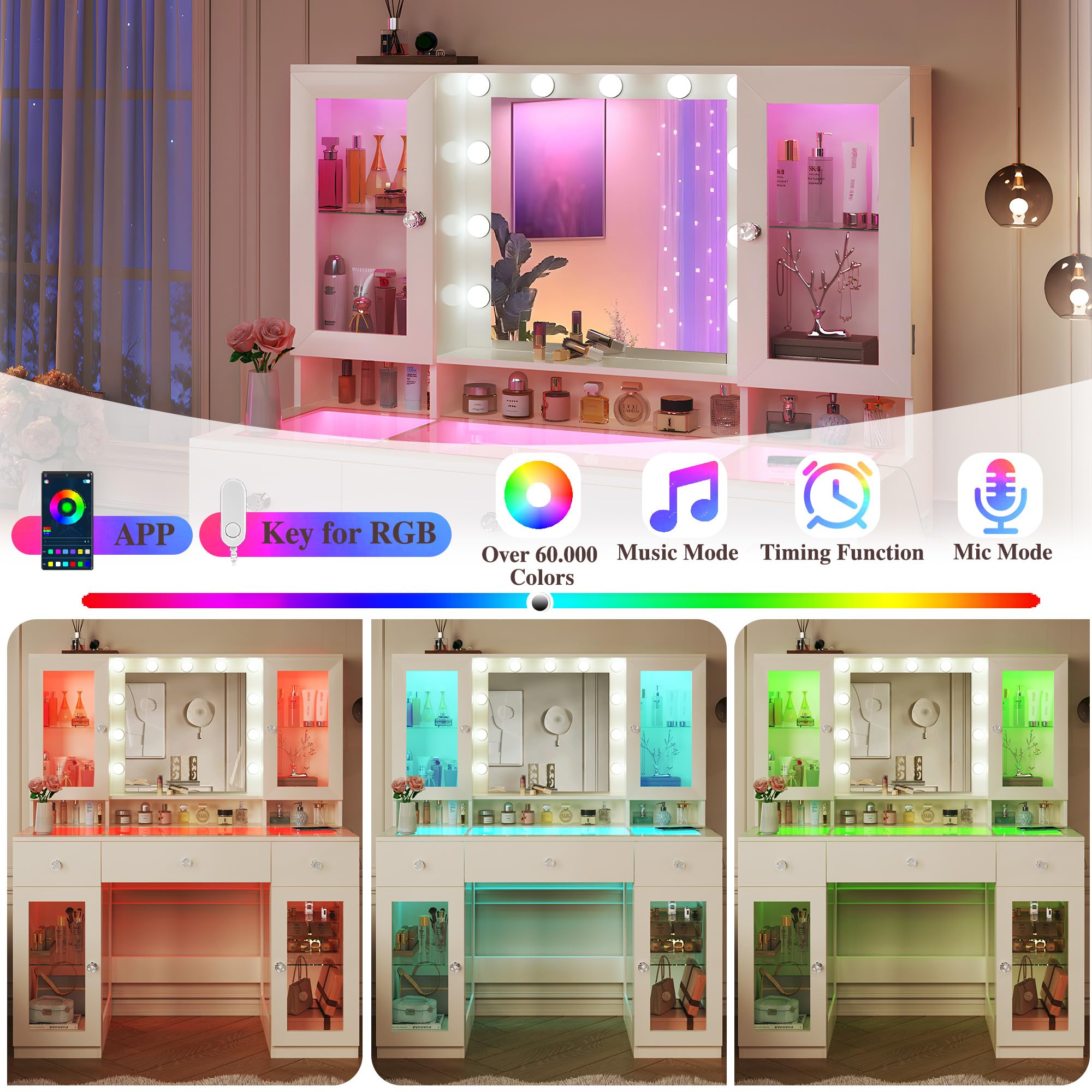 HUAHUU Vanity Desk with Mirror and RGB Lights, 43" Large Makeup Vanity with Glass Top, 4 Large Glass Cabinets, Power Outlet & 3 Drawers, 3 Colors Lighting Adjustable Brightness for Bedroom, White