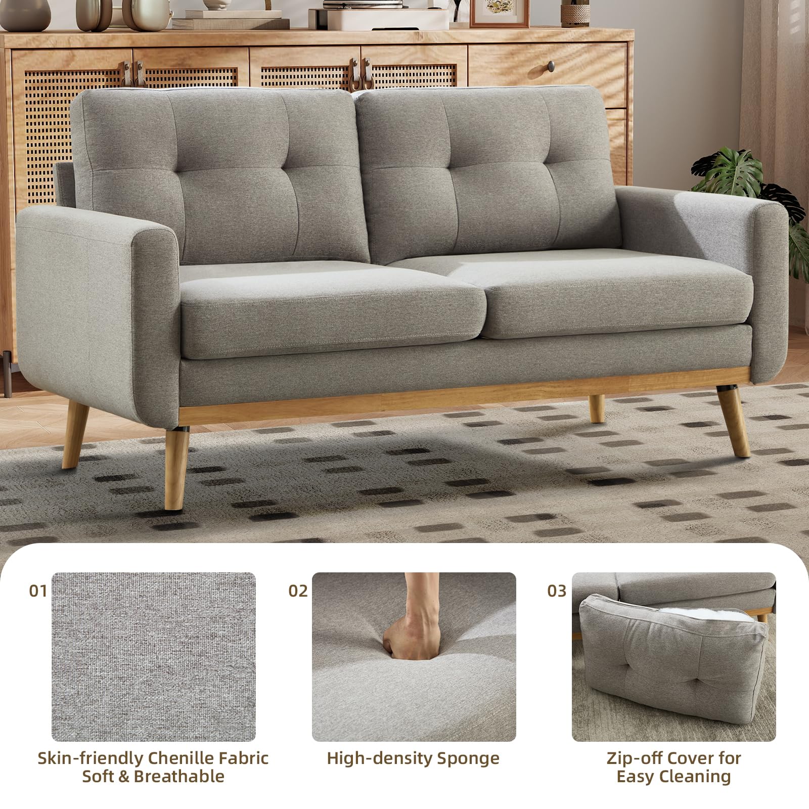 Bonzy Home 65.4" Loveseat Sofa, Small Couches for Small Spaces with 2-Seat Upholstered Cushion, Mid Century Modern Sofa for Bedroom, Living Room, Apartment, Office, Gray