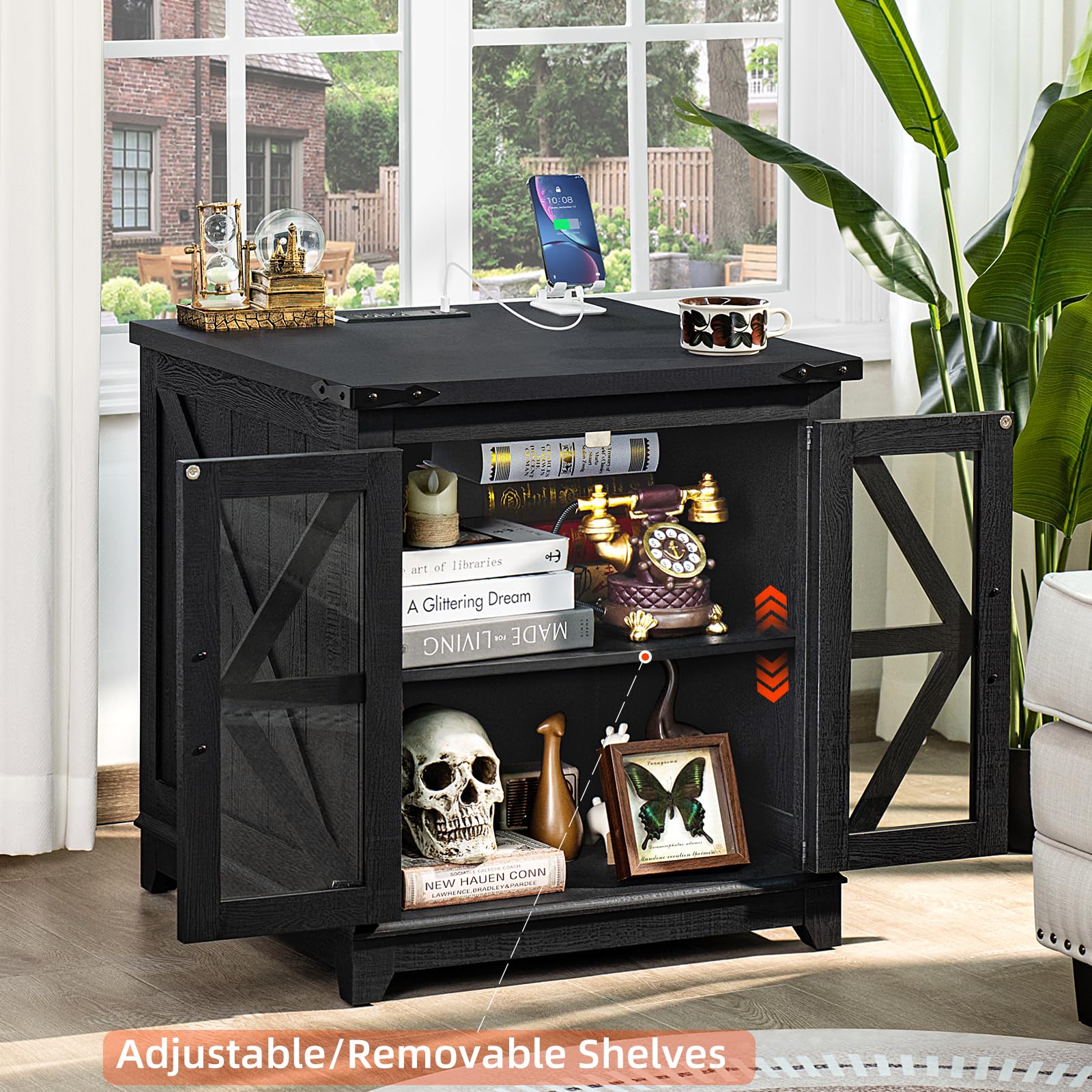 Farmhouse End Table with Charging Station & Glass Barn Door