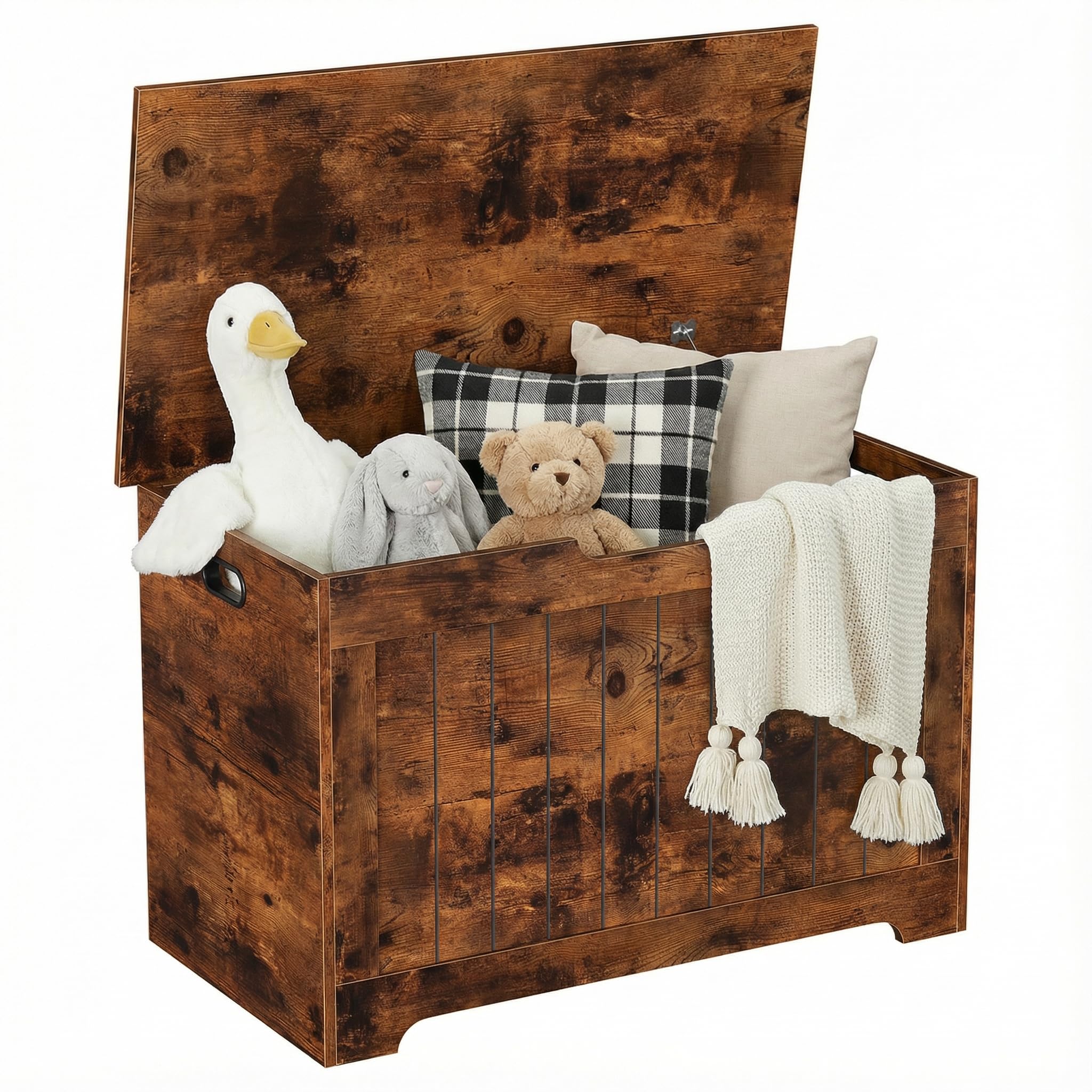 SUPER DEAL Storage Chest, 30 inches Chest Box Organizer with 2 Safety Hinges, Wooden Entryway Storage Bench, Rustic Brown