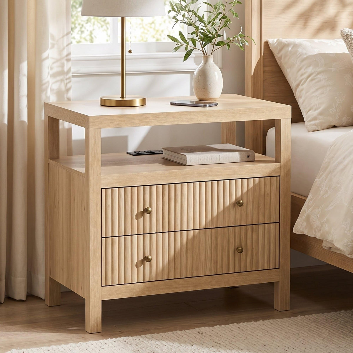 AURELIA LEVEAUX 26" Wide Natural Wood Fluted Charging Nightstands Set of 2