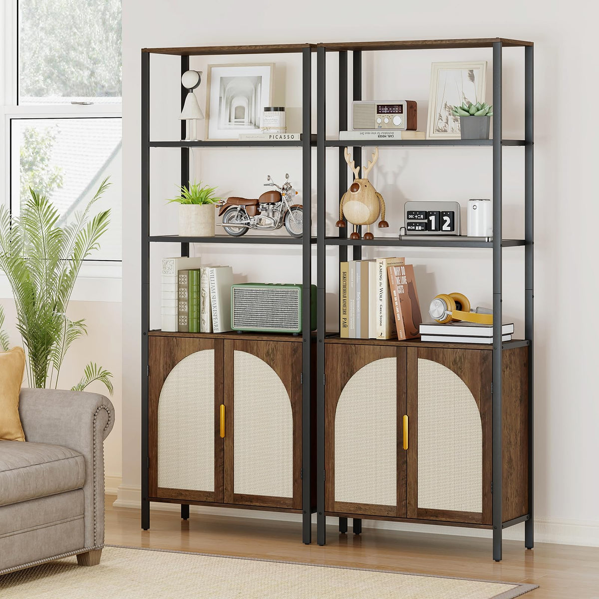 Rattan LED Bookshelf with Cabinet