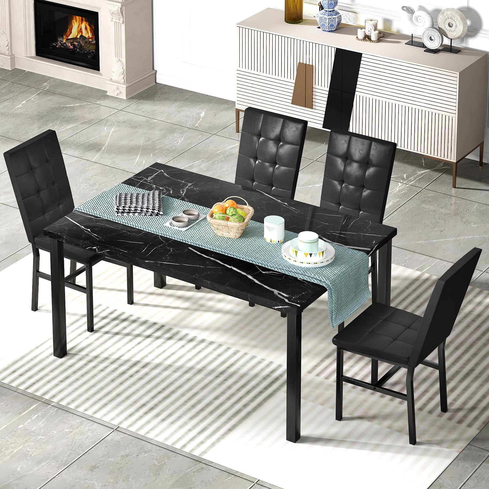 Hooseng Kitchen Table Set 5 Piece Dining Room Table Set Marble Dining Table 4 Chair Dining Table Set for Kitchen Living Room Breakfast Small Spaces (Black)
