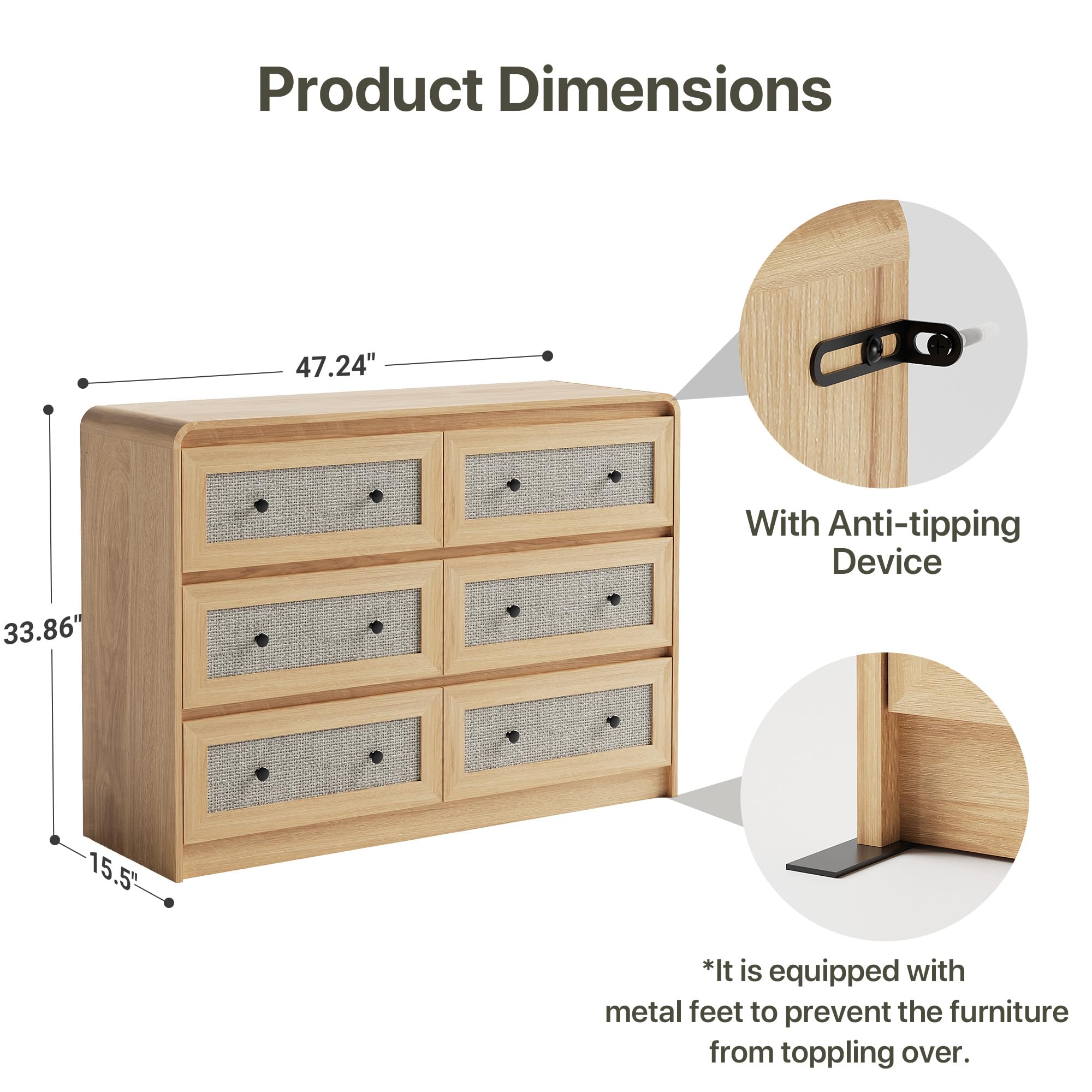 Seang Rattan 6 Drawer Dresser for Bedroom,47" Boho Chest of Drawers with Curved Profile Design,Wooden Dresser with Storage for Bedroom,Living Room,Natural