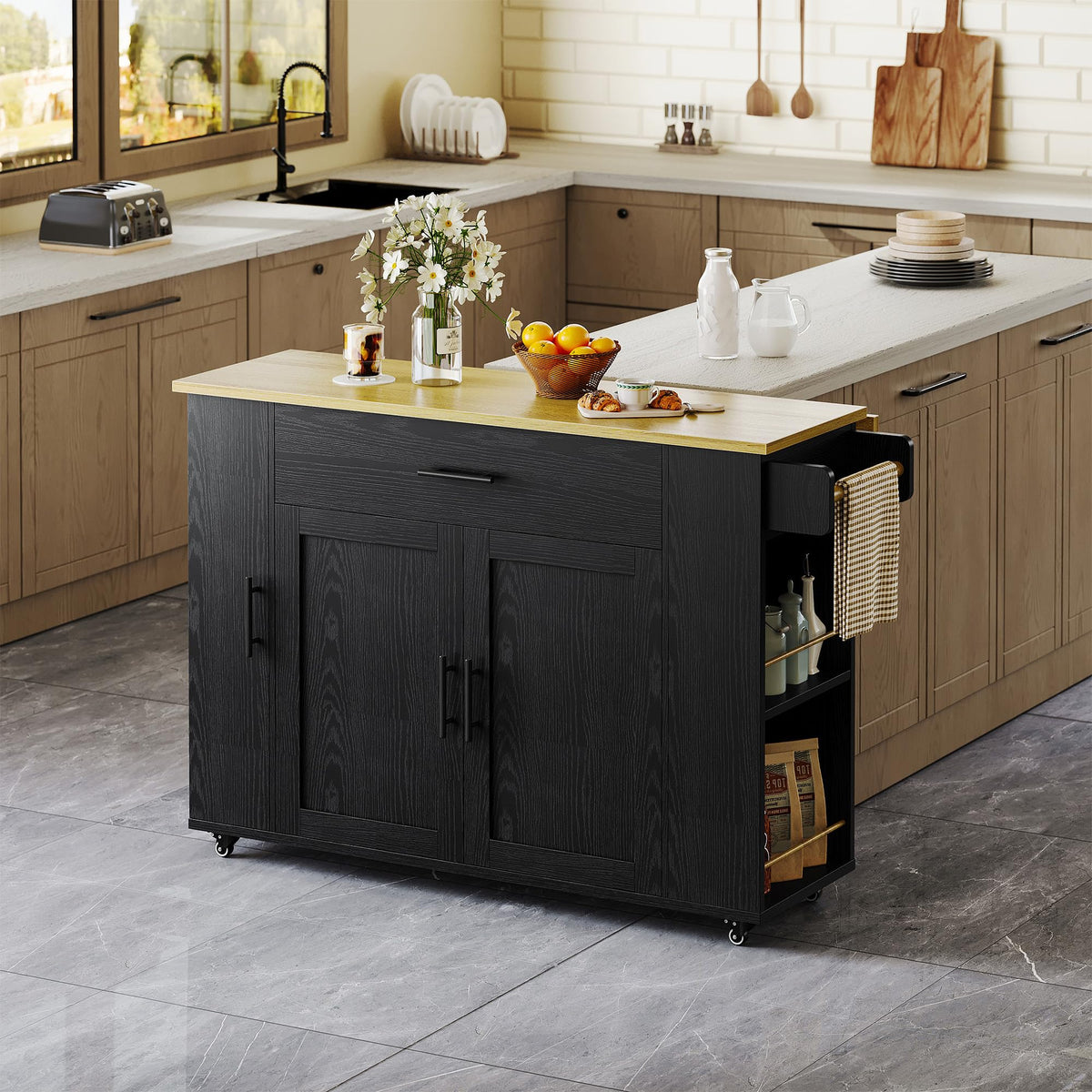 IRONCK Kitchen Island with Storage, 47.2" Rolling Cart with Drop Leaf