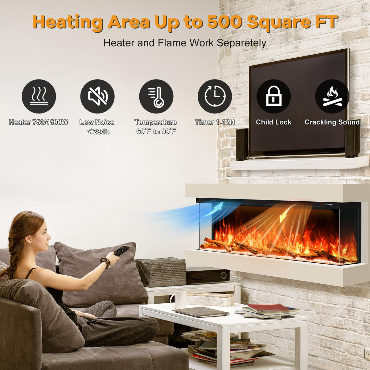 STRICWARM 100" 3-Sided Electric Fireplace Inserts WiFi Recessed Heaters