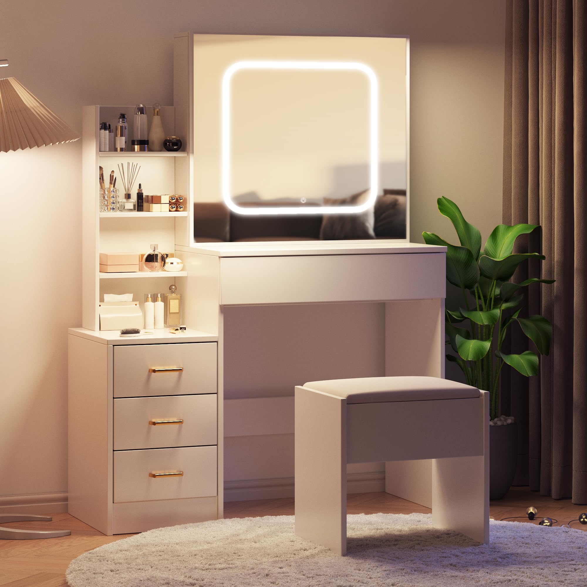 Garvee Vanity Desk with Sliding LED Mirror, Makeup Dressing Table with 4 Drawers, Storage Shelve, Power Outlet & Cushioned Stool, Adjustable 3 Lighting Modes, Modern Vanity Set for Bedroom, White