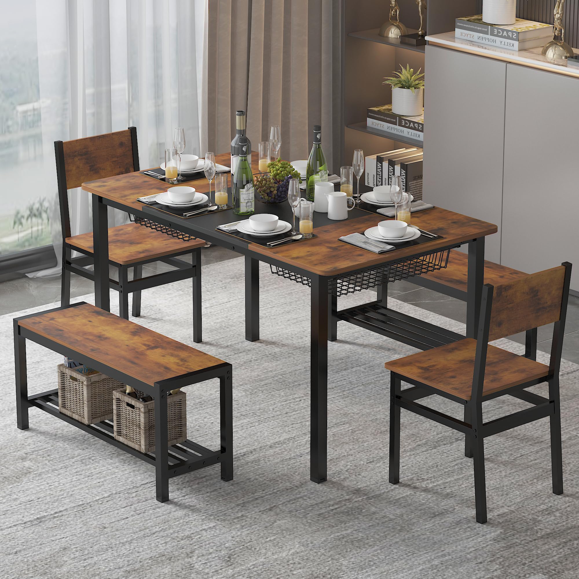 Industrial Dining Table Set with Benches & Chairs